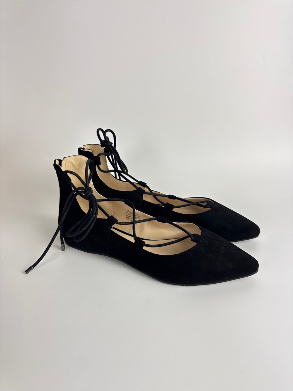 Nine West Black Suede Pointed Toe Lace-Up Flats
